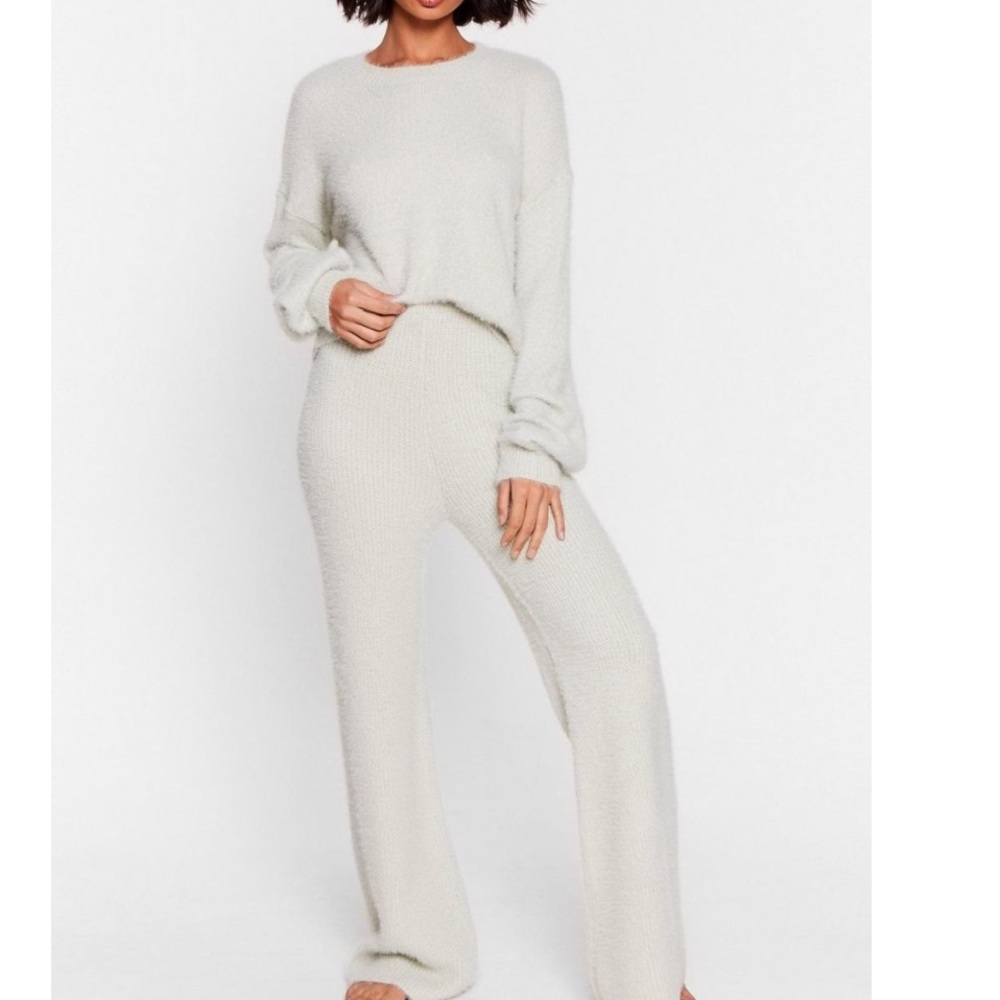 Mint fluffy Knit Wide Leg Loungewear set